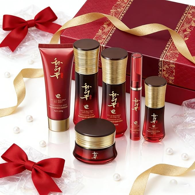 Red Ginseng Snail Skincare Set for Women & Men, 6-Piece Anti-Aging Facial Care Kit with Toner, Emulsion, Essence, Cleanser, Face Cream & Eye Serum – Daily Hydrating Gift Set