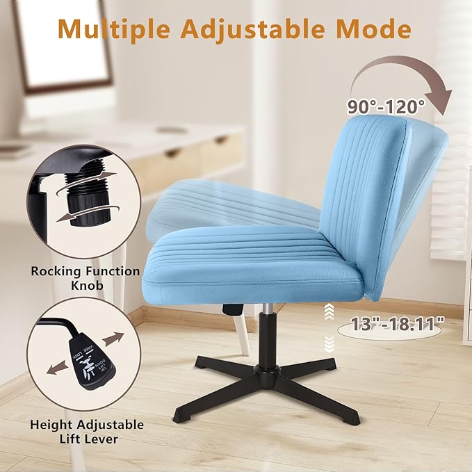 Criss Cross Chair, Armless Cross Legged Office Vanity Chair, Comfortable Fabric Wide Swivel Criss Cross Desk Chair for Home Office, Height Adjustable Vanity Criss Cross Chair with Back, Blue