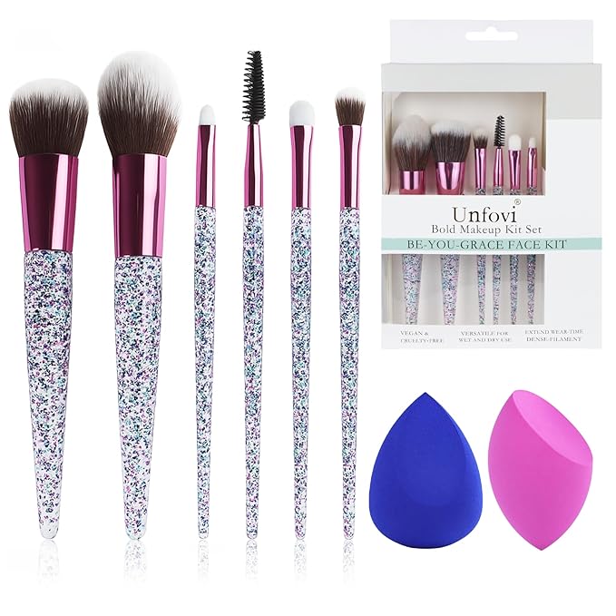 6-Piece Makeup Brush Set with 2 Beauty Sponges & Bling Crystal Handle - Daily Essential Cosmetic Brushes Kit for Professional Foundation, Concealer, Eyeshadow, Powder Blush(Purple)