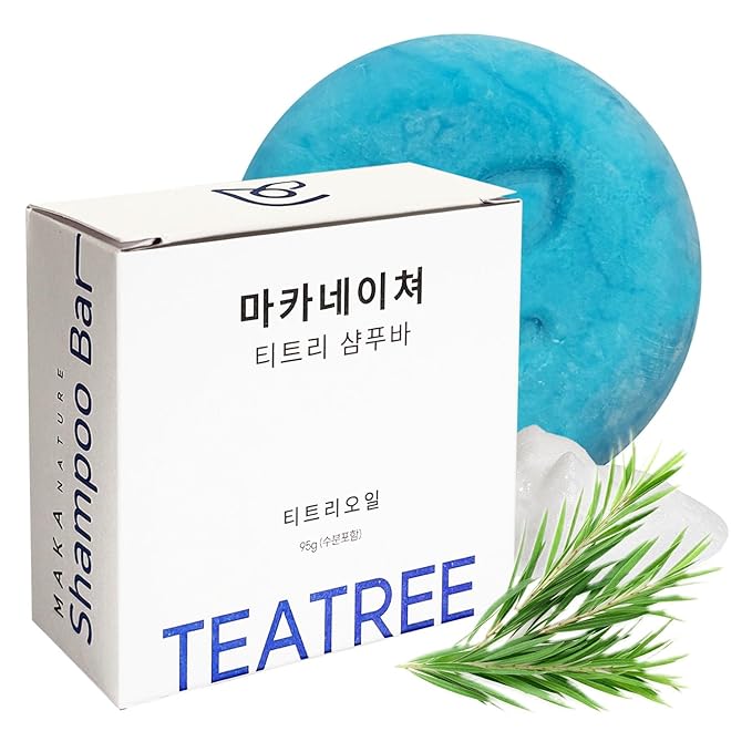 Maka Nature Tea Tree Shampoo Bar for Itchy Scalp & Dandruff, Clarifying Solid Shampoo Bar for Buildup Removal, Vegan Korean Shampoo Bar, pH Balanced Hair Care, Eco Friendly Plastic Free, 3.35 oz