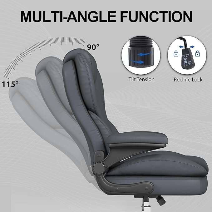 Hovos Office Chair, Ergonomic Big and Tall Desk Leather Chair with Padded Flip-up Arms, Adjustable Tilt Lock, Heavy Duty Swivel Rolling Computer Chair for Home Office, Grey
