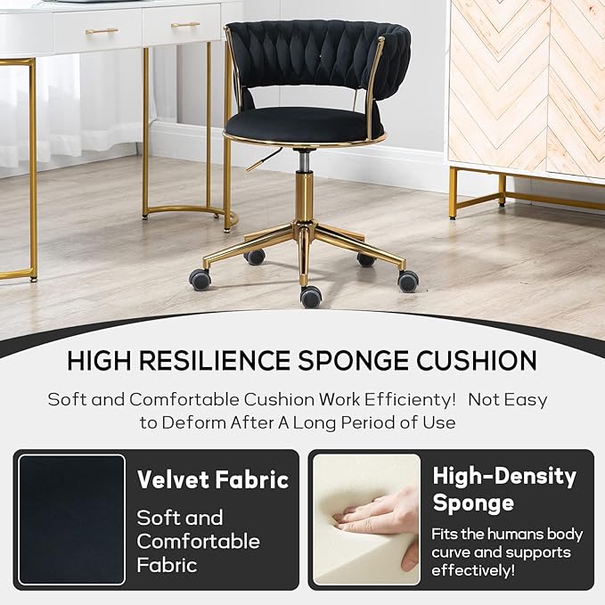 NIOIIKIT Velvet Office Desk Chair with Hand Woven Backrest, 360° Swivel & Height Adjustable Task Chairs, Makeup Chair, Living Room Chairs with Stainless Base and 5 Wheels (Black)