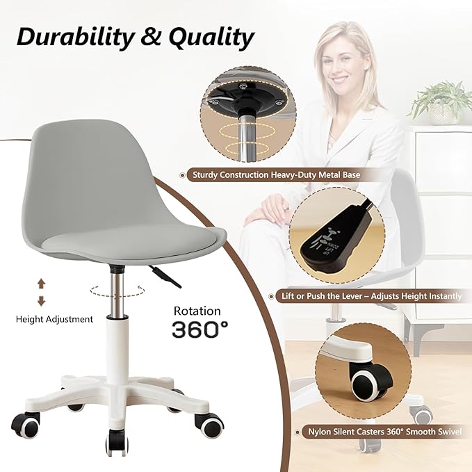 Small Desk Chair Cute Armless Task Vanity Chair with Soft Padded Cushion, Plastic Height Adjustable Home Office Chairs for Teens Girls