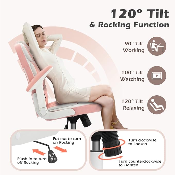 SEATZONE Ergonomic Office Chair Pink PU Leather Desk Chairs Computer Chair with Wheels and Flip-up Arms,Rolling Swivel Task Chair for Women,Girls