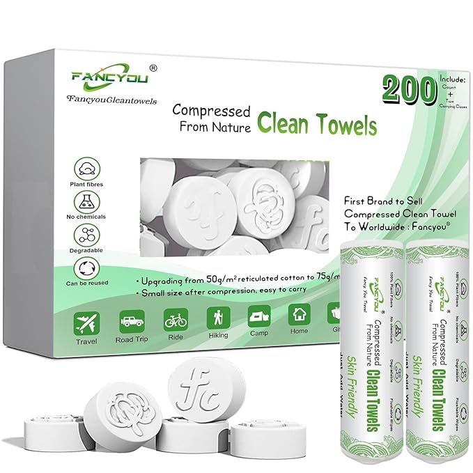 Compressed Towel Tablets 200 Count, Thicken Disposable Face Towel with 2 Carry Cases, Biodegradable & Compact, Cotton Clean Face Towels for Outdoor Camping Hiking Travel Gym BBQ Home
