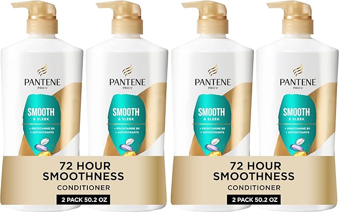 Pantene Conditioner, Smooth and Sleek - Frizz Control with Antioxidants, Nourishing for All Hair Types - Curly, Dry, Color-Treated, 25.1 Oz Each, + Miracle Rescue Shot (0.5 Oz), 2 Count (Pack of 2)