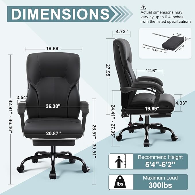 Executive Office Chair,High Back Ergonomic Comfy Desk Chair with Footrest and Padded Linkage Armrests,PU Leather Heavy Duty Computer Swivel Rolling Task Chair for Home Office,Adults,Black