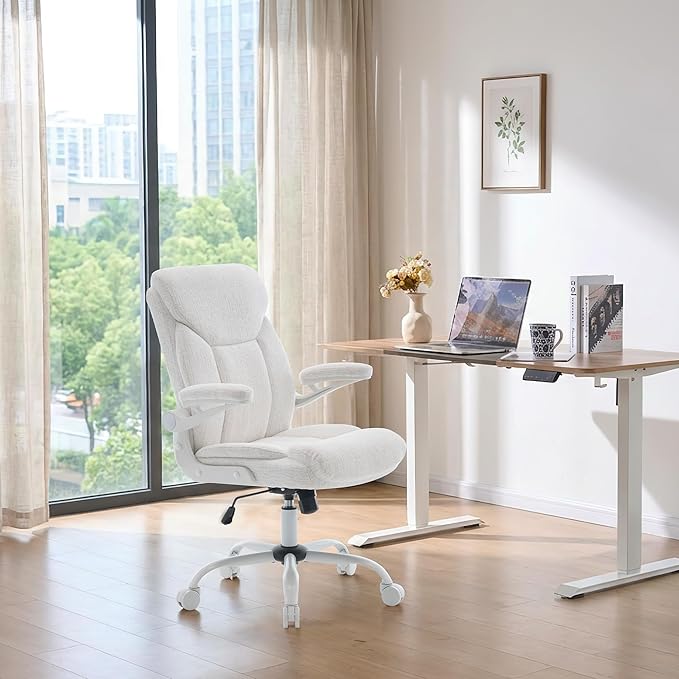 Home Office Ergonomic Desk Chair - Comfy Leather Executive Chair with Flip-Up Armrests, Lumbar Support, 360° Swivel & Rocking (White)