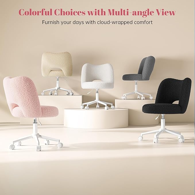 Vanity Chair with Wheels Pink,Cute Vanity Chair with Back,Ultra-Plush Fleece Cute Desk Chair, Small Office Chair Height Adjustable,for Make-up Room,Bedroom