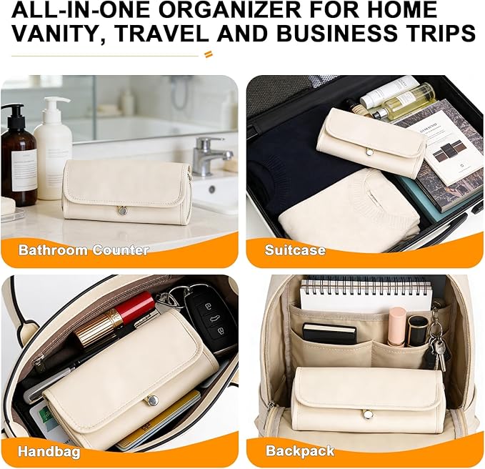 Portable Folding Makeup Brush Bag,Travel Toiletry Bag with Dividers & Independent Partition for Brushes & Skincare, Toothbrush Holder,Rollup & Open Flat cosmetic Organizer,Waterproof &Hanging (white)