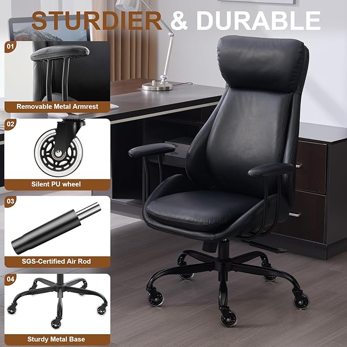 Office Chair, Leather Desk Chair with Rubber Wheels, Ergonomic Computer Chair 500 LBS with Lumbar Support, High Back Executive Chair for Modern Home Office, Black