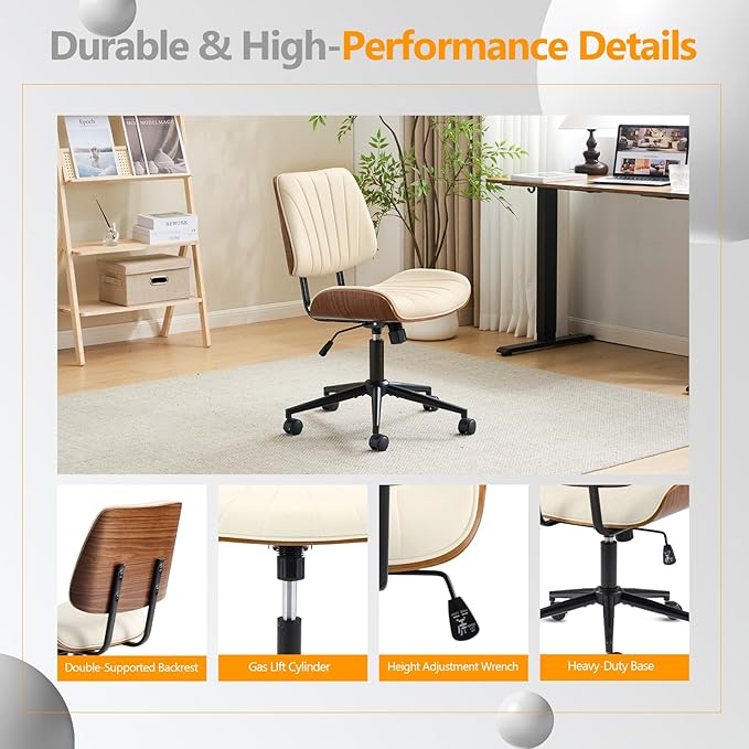 VINGLI Wide Curved Seat&Back Armless Home Office Chair,Ergoromic Adjustable-Height Desk Chair,Swivel&Tilting Function,Stylish Walnut Task Chair for Meeing Room,Dining Room,PU,Khaki