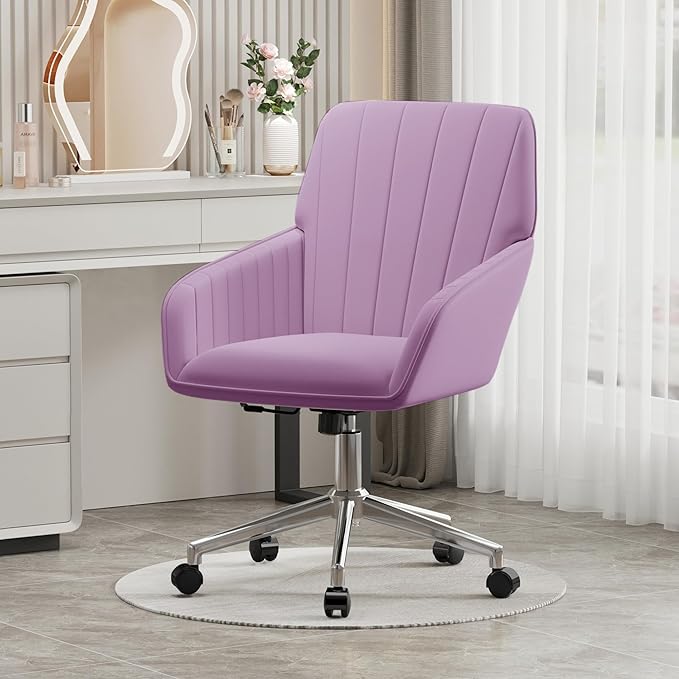 YISHENG Velvet Office Desk Chair with Silver Base, with Wheels,Modern Height Adjustable 360 Degree Swivel Upholstered Vanity Chairs with Arms for Living Room Bedroom,Light Purple