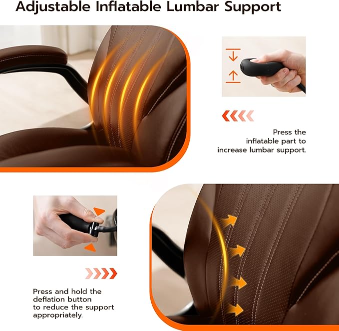 Office Desk Chair, Ergonomic Computer Chair with Padded Flip-Up Arms and Adjustable Lumbar Support, PU Leather Executive Chair with Tilt Lock and 360° Swivel Rolling Wheels for Work, Study