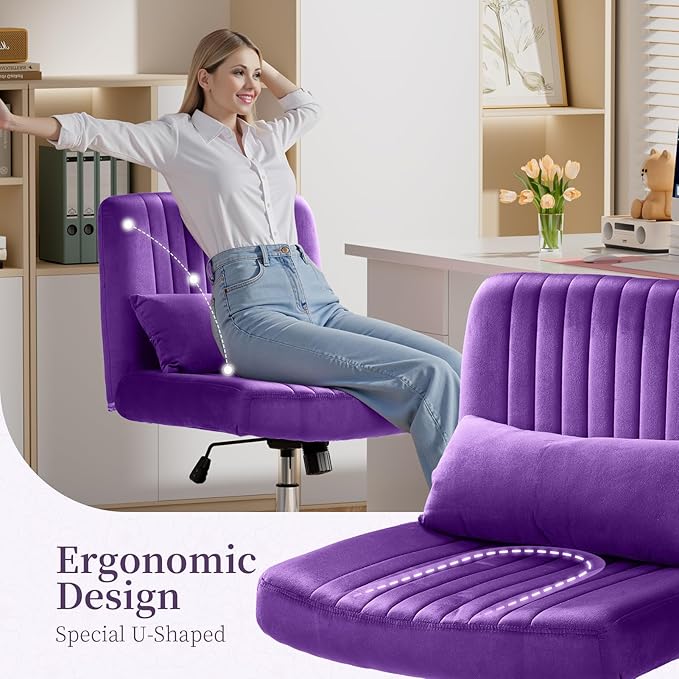 Warmiehomy Velvet Criss Cross Chair with Wheels, Cross Legged Office Chair, Comfy Desk Chair for Home Office, Ergonomic Computer Chair, Wide Seat Vanity Chair, Birthday Gift for Women, Purple