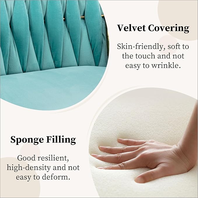 Westice Home Office Desk Chair, Upholstered Hand Weaving Desk Chairs with Golden Metal Legs & Armrest, Modern Accent Chairs for, Living Room, Vanity Makeup Room, Blue