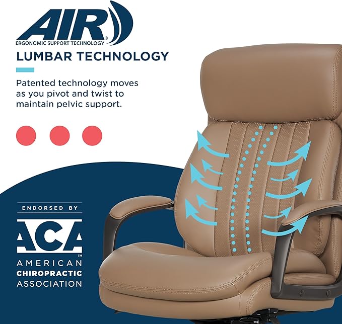 La-Z-Boy Nova Executive Office Chair - Ergonomic High Back Desk Chair with AIR Lumbar Support - Comfortable Computer Chair for Home Office - Vegan Leather - Light Tan