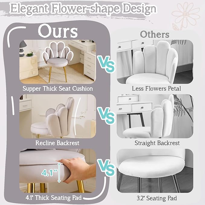 VINGLI Petal Makeup Vanity Chair with Back,Flower Cute Girls Desk Chair Comfy No Wheels,Modern Dining Chair,Small Accent Chair with Adustable Gold Legs&Bow Pillow for Home Office,Bedroom,Velvet,Grey