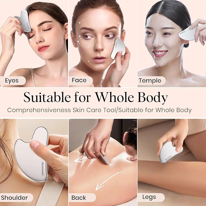 Stainless Steel Gua Sha Facial Tools, Lymphatic Drainage Massager for Face, Face Sculpting & Jawline Shaper, Puffiness Reducing, Neck Body Guasha Tool, Skin Care Gift for Women Men with Pouch