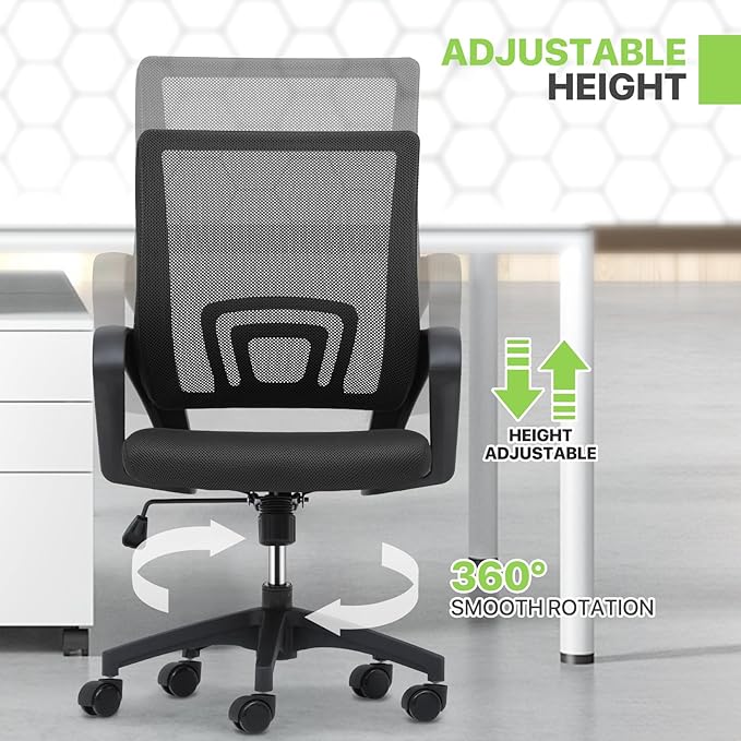 Magshion Ergonomic Office Desk Chair, Mid-Back Mesh Computer Chair, Swivel Chair with Breathable Backrest & Lumbar Support, Adjustable Height for Gaming, Work, Study, 300 Lbs Capacity, Black