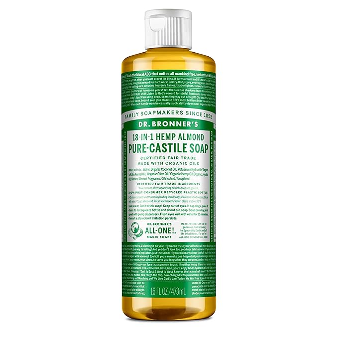 Dr. Bronner's Pure-Castile Magic Soap Liquid (Almond, 16 Ounce) - Made with Regenerative Organic Certified Oils, 18-in-1 Uses: Face, Body, Hair, Laundry, Pets and Dishes, Concentrated, Vegan, Non-GMO