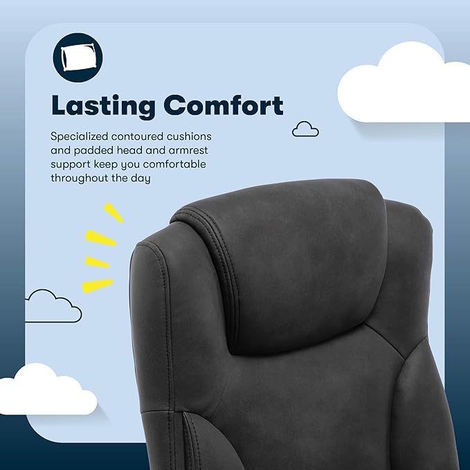 Serta Comfort Eco Office Chair, Ergonomic Mid-Back with Lumbar Support, Semi-Plush Seat Cushion and Layered Body Pillows, Padded Armrests, Metal Swivel Base, Soft Velvet Fabric, Black