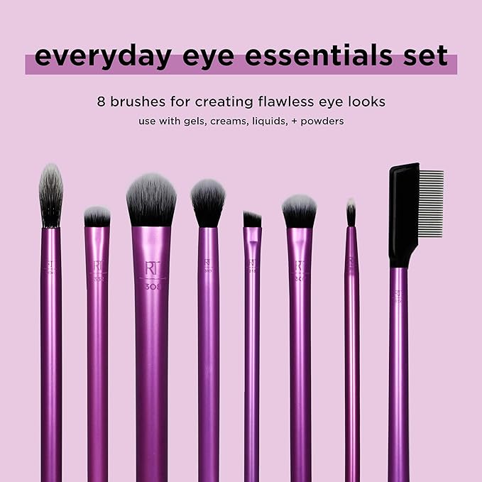 Real Techniques 8 Piece Everyday Eye Essentials Makeup Brush Set,Eye Brushes for Liner,Eyeshadow,Brows,& Lashes,Travel Friendly,Gift Set,Synthetic Bristles,Cruelty-Free & Vegan,(Pack of 8)