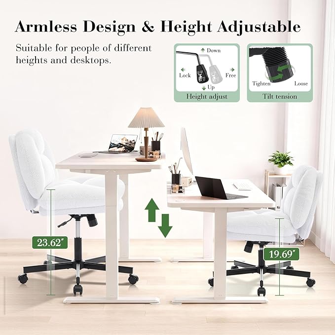 Cross Legged Office Chair, Thick Cushioned Criss Cross Chair with Wheels, Wide Seat Armless Office Chair, Height Adjustable Swivel Vanity Chair for Home and Office, White