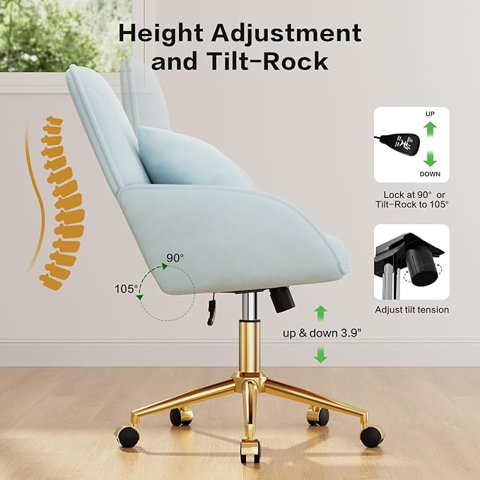 Home Office Desk Chair Comfy with Adjustable Swivel Wheels, Modern Velvet Makeup Vanity Chair with Back & Pillow, Ergonomic Office Chair Computer Task Chair for Living Room, Bedroom, Blue