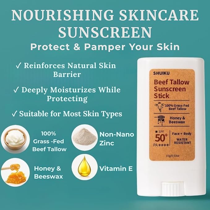 Beef Tallow Sunscreen Organic Stick SPF 50 – Non Nano Zinc Oxide Tallow-Based Mineral Sunscreen with Honey & Beeswax for Face & Body, Water-Resistant Natural Sunblock, 0.53 oz