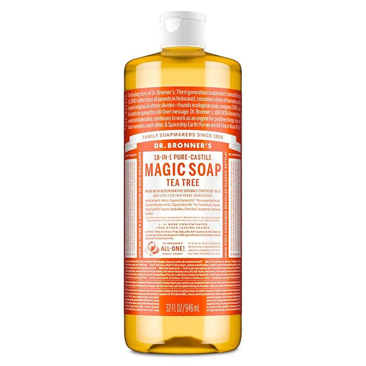 Dr. Bronner's Pure-Castile Magic Soap Liquid (Tea Tree, 32 Ounce) – Made with Regenerative Organic Oils, 18-in-1 Uses for Face, Hair, Laundry, Dishes, Hand Soaps & Body Wash – Natural, Vegan, Non-GMO