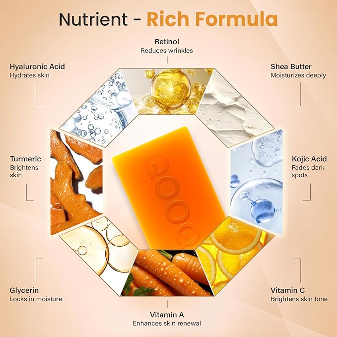 QOOQ Turmeric Kojic Acid Soap for Dark Spots Remover – Facial Cleansing Bar with Vitamin C, Retinol, Collagen, Vitamin E, Glycerin, Shea Butter & Castile Olive Oil – Soap for Women & Men (120g x 2)