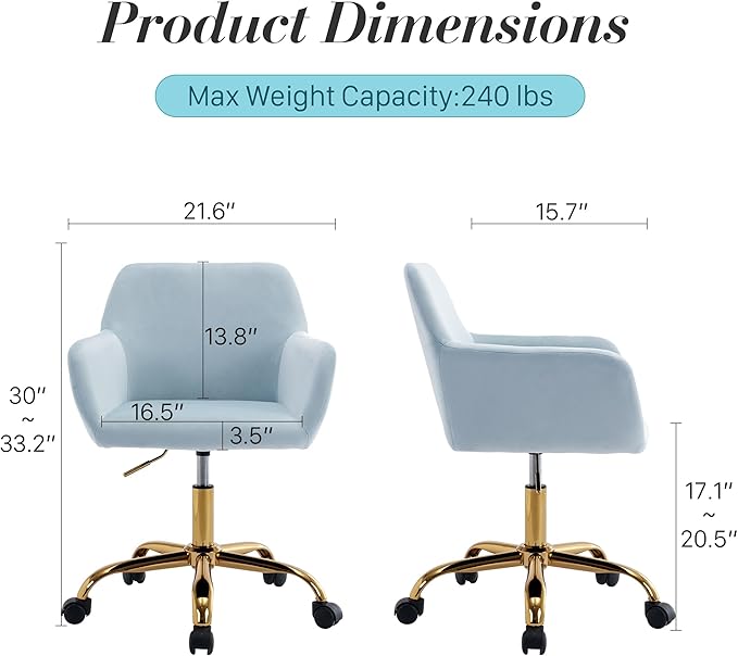Faux Fur 360°Swivel Desk Chair, Modern Height Adjustable Home Office Armchair with Golden Base for Teens Women Girls, Upholstery Computer Chair, Velvet & Light Blue