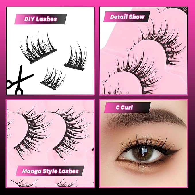 Veleasha Lashes Manga Eyelashes DIY Lash Spiky Lash Clusters Natural Look Eyelashes with Multiple Wear Ways Soft Cotton Band Lashes Wispy 7 Pairs Pack (Sugar)