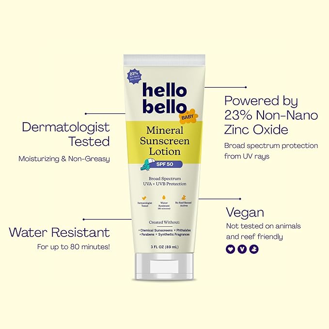 Hello Bello Baby Mineral SPF 50 Sunscreen Lotion with with Broad Spectrum UVA + UVB Protection, Water Resistant and Reef Friendly Sun Protection for Babies and Kids, 3 fl oz (Pack of 1)