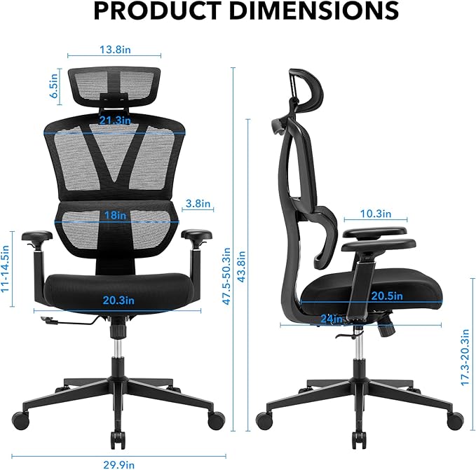 Ergonomic Office Chair Mesh High Back Computer Desk Chair with Lumbar Support, Adjustable Headrest, 3D Armrests, Tilt Lock for Home Office & Gaming
