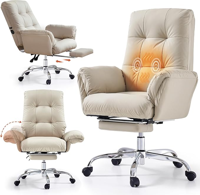 EMIAH Heated and Massage Office Chair with Foot Rest Criss Cross Chair with Wheels and Flip-up Arms Reclining Desk Chair Comfy Wide Seat PU Leather Rolling Computer Home Office Chair (Beige)