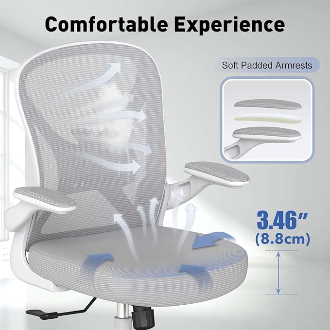 Mesh Office Chair with Adjustable Lumbar Support and Flip-up Arms, Ergonomic Home Office Desk Chair with Wheels, Grey