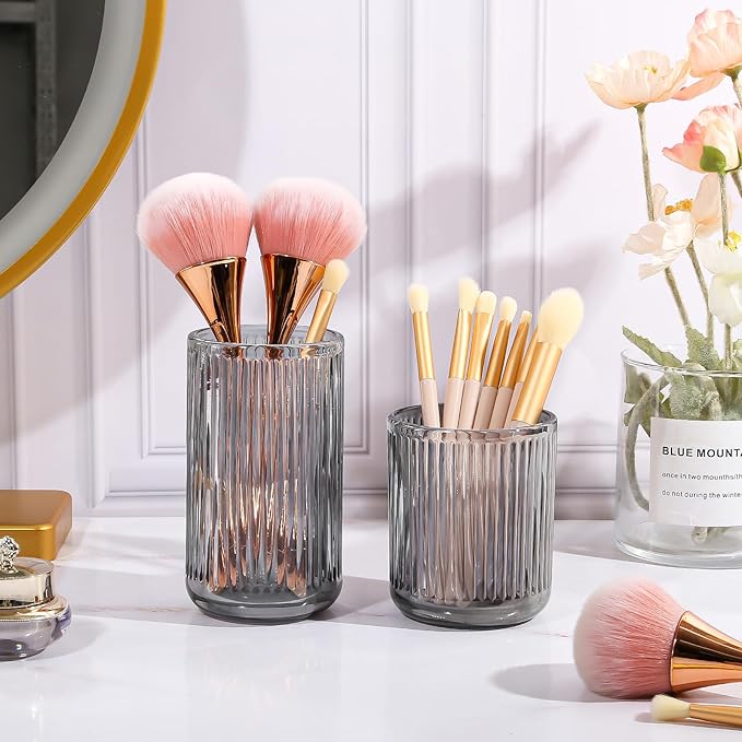 DASITON Makeup Brush Holder Organizer, Crystal Glass Makeup Brushes Storage Holder, Vintage Make Up Brush Cup for Vanity, Pen Pencil Holder for Desk, Toothbrush Holders for Bathroom (Grey L)