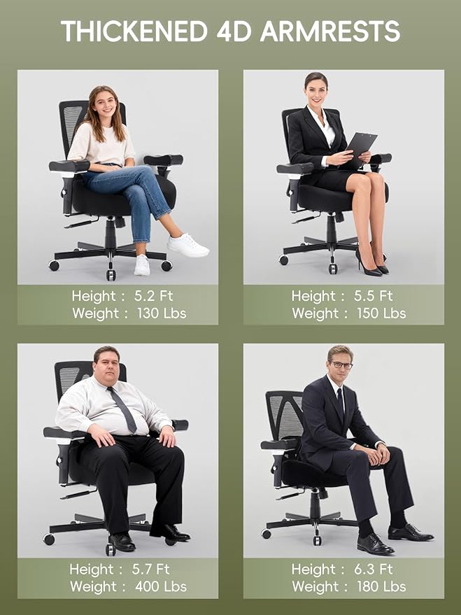 Big and Tall Office Chair 550lbs, Ergonomic Desk Chair with W-Shaped Thick Seat Cushion&4D Armrest, Executive Mesh Desk Chair with Adjustable Lumbar Support, Swivel Task Chairs for Home Office Gaming