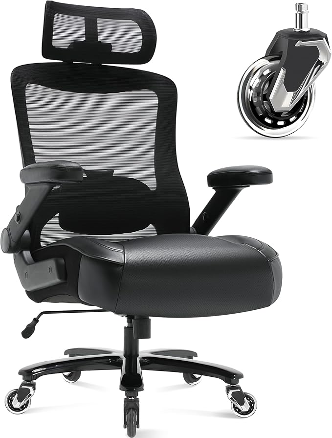 Big and Tall Office Chair 600lbs with 3D Flip Arms Adjustable Headrest - Heavy Duty Large Wheels Executive Computer Desk Chair, Ergonomic Lumbar Support Mesh High Back Plus Size Chair for Adults