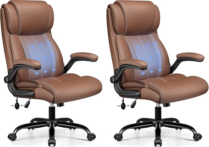Ergonomic Office Chair - Desk Computer Chair, Leather High Back Executive Chairs with Adjustable Lumbar Support & Flip Up Arms, Brown 2 Pack