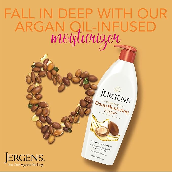 Jergens Deep Restoring Argan Oil Moisturizer, Soothing Body and Hand Lotion, with Reviving Argan_Oil and Vitamin E, Oil-Infused, Dermatologist Tested, 16.8 oz (Pack of 2)