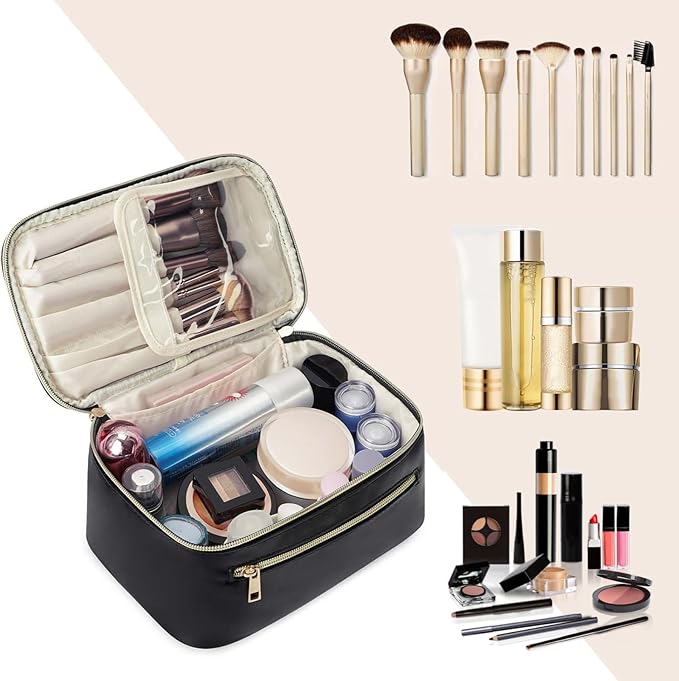 Wandering Nature Makeup Bag, Travel Make Up Organizer Cosmetic Brush Bags Case for Women in Vegan Leather, Black, Patent Pending