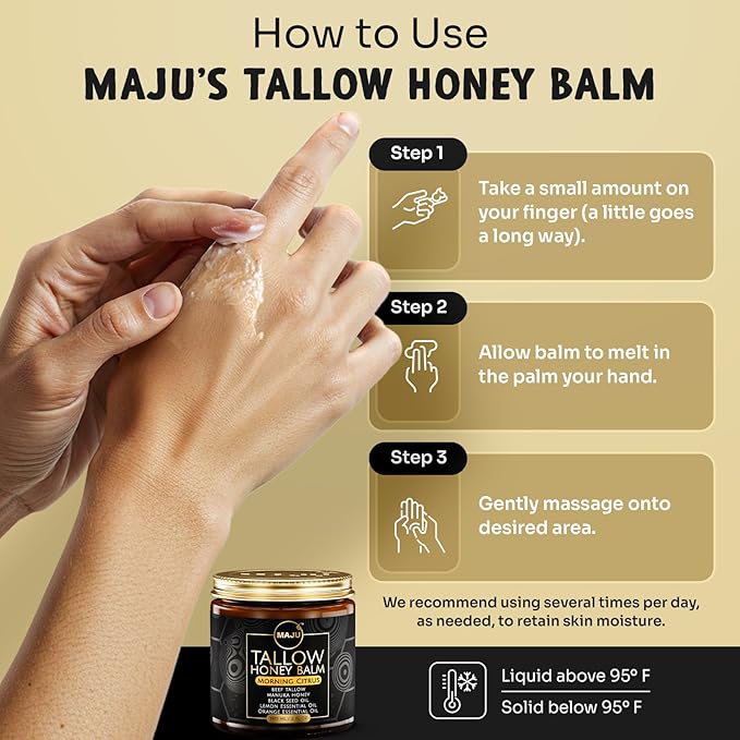 MAJU Tallow Honey Balm, Morning Citrus (2 oz), Grass Fed Beef Tallow for Skin with Organic Black Seed Oil, Manuka Honey and Organic Beeswax, Skin and Face Moisturizer for Deep Hydration