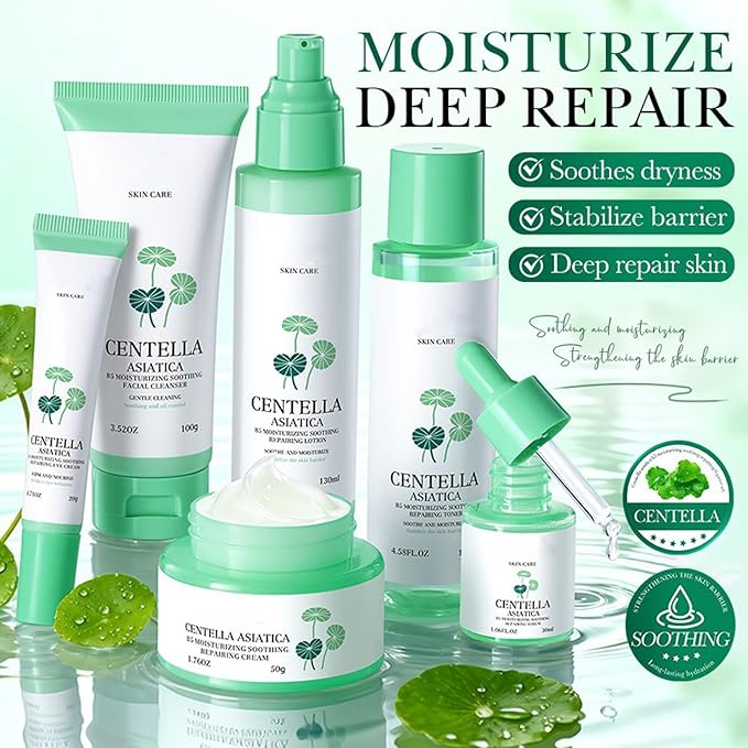 Centella Asiatica Skincare Set, 6 Piece Hydrating Skin Care Routine Kit Women Beauty Gift Set with Cleanser, Toner, Serum, Eye Cream, Lotion and Cream, Self Care Gifts For Teen Girls & Women