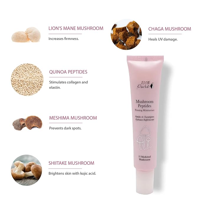 100% PURE Mushroom Peptide Face Moisturizer - 11 Medicinal Mushrooms + Hyaluronic Acid & Quinoa Peptides for Deep Hydration, Firming & Youthful Radiance - Adaptogenic Face Cream - 1.4 Fl oz