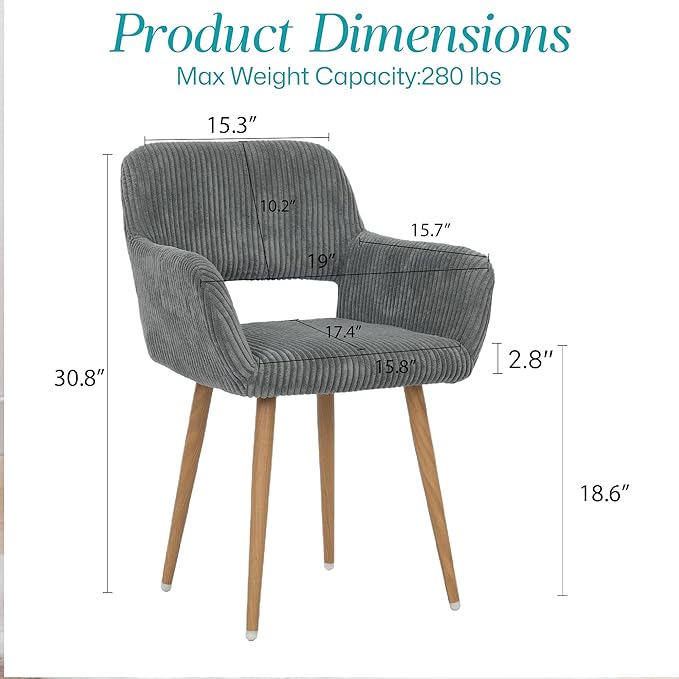 HENJIANYI Home Office Corduroy Desk Chair, Makeup Vanity Chair, Comfy Accent Armchair with Wood Grain Metal Legs, Cute Dining Chair with Hollowed Back, Dark Gray