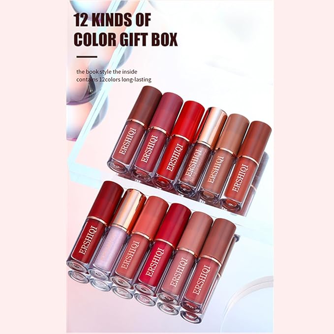 12Pcs Nude Matte Liquid Lipstick Set, Waterproof Long Lasting Non-Stick Cup 12 Colors Nude Lipstick 24 Hour Not Fade Matte Lipstick Professional Lip Gloss Makeup Valentine's Day Gift Sets for Women