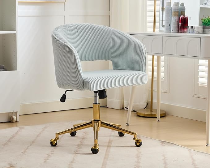 Home Office Chair Swivel Corduroy Fabric Desk Chair Accent Armchair Upholstered Tufted Chairs with Gold Base for Girls Women Ergonomic Study Seat Computer Task Stools for Living Room(Light Blue)